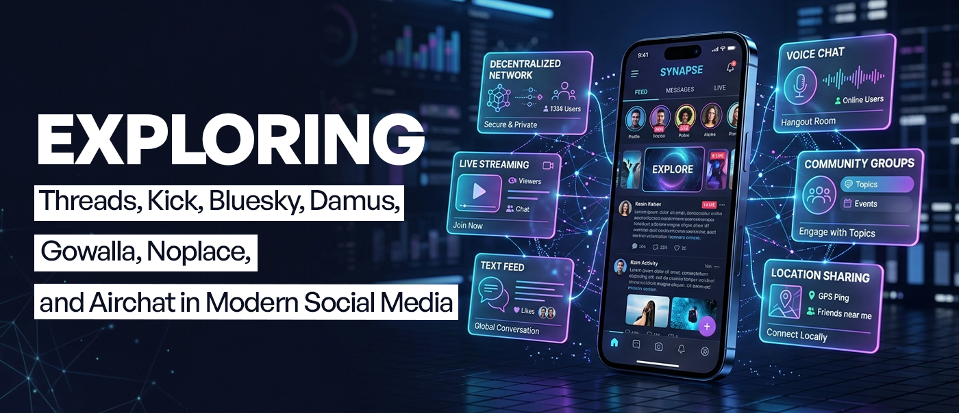 Exploring Threads, Kick, Bluesky, Damus, Gowalla, Noplace, and Airchat in Modern Social Media